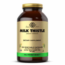 Solgar Milk Thistle dietary supplement bottle containing 250 vegetable capsules with gold cap and tan label.