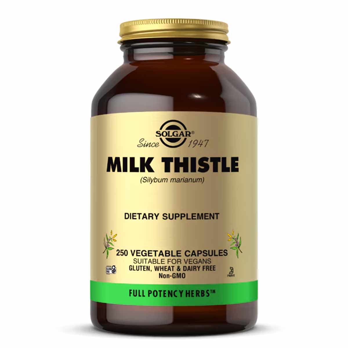 Solgar Milk Thistle dietary supplement bottle containing 250 vegetable capsules with gold cap and tan label.