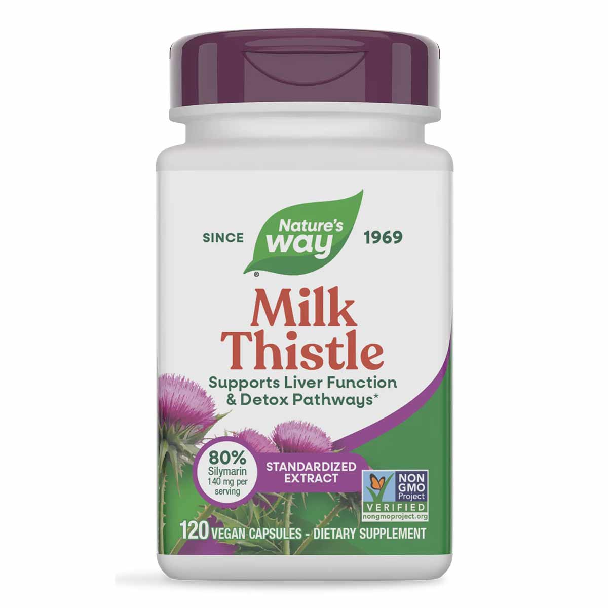 White bottle with purple cap containing Nature's Way Milk Thistle dietary supplement with 120 vegan capsules.