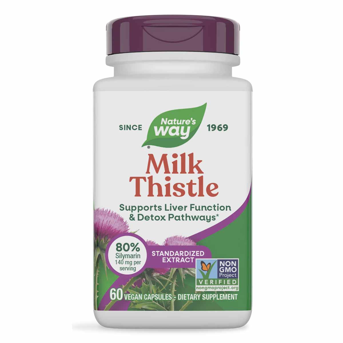 Bottle of Nature's Way Milk Thistle Standardized Extract with purple cap, containing 60 vegan capsules.
