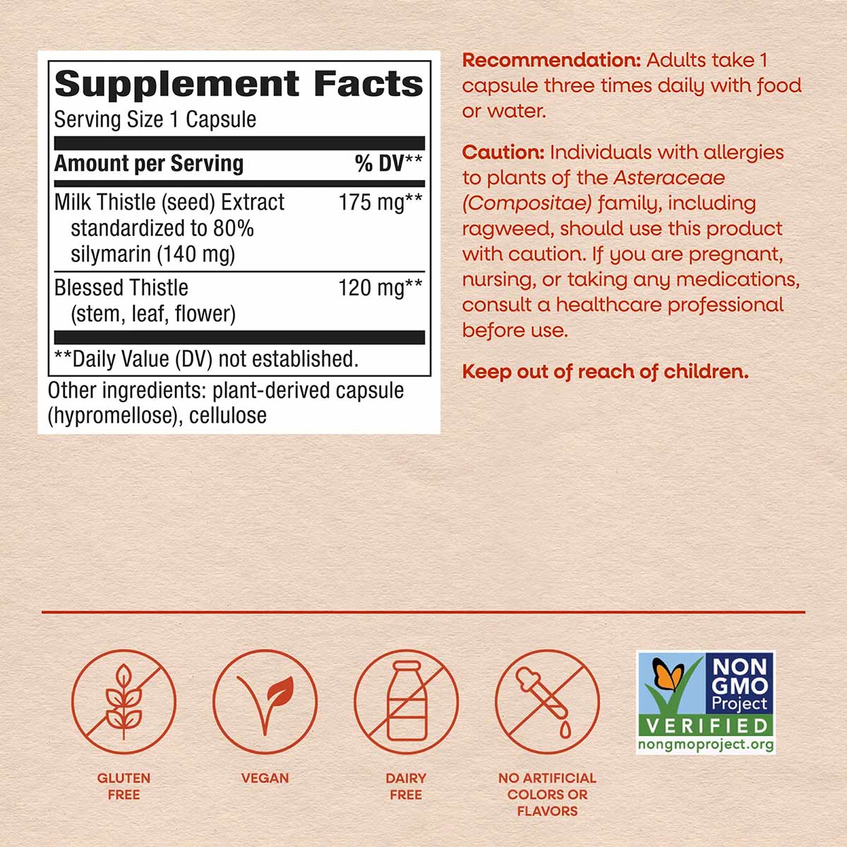Supplement Facts label for Milk Thistle Standardized capsules showing 175mg extract and 120mg Blessed Thistle per serving.