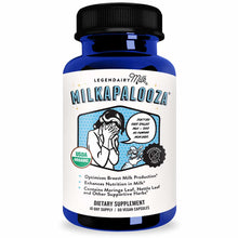 Blue and white dietary supplement bottle labeled Milkapalooza by Legendairy Milk containing 60 vegan capsules with black cap.