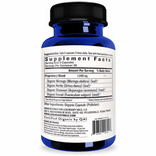 Blue supplement bottle with black cap and white label showing Supplement Facts for organic herbal capsules.