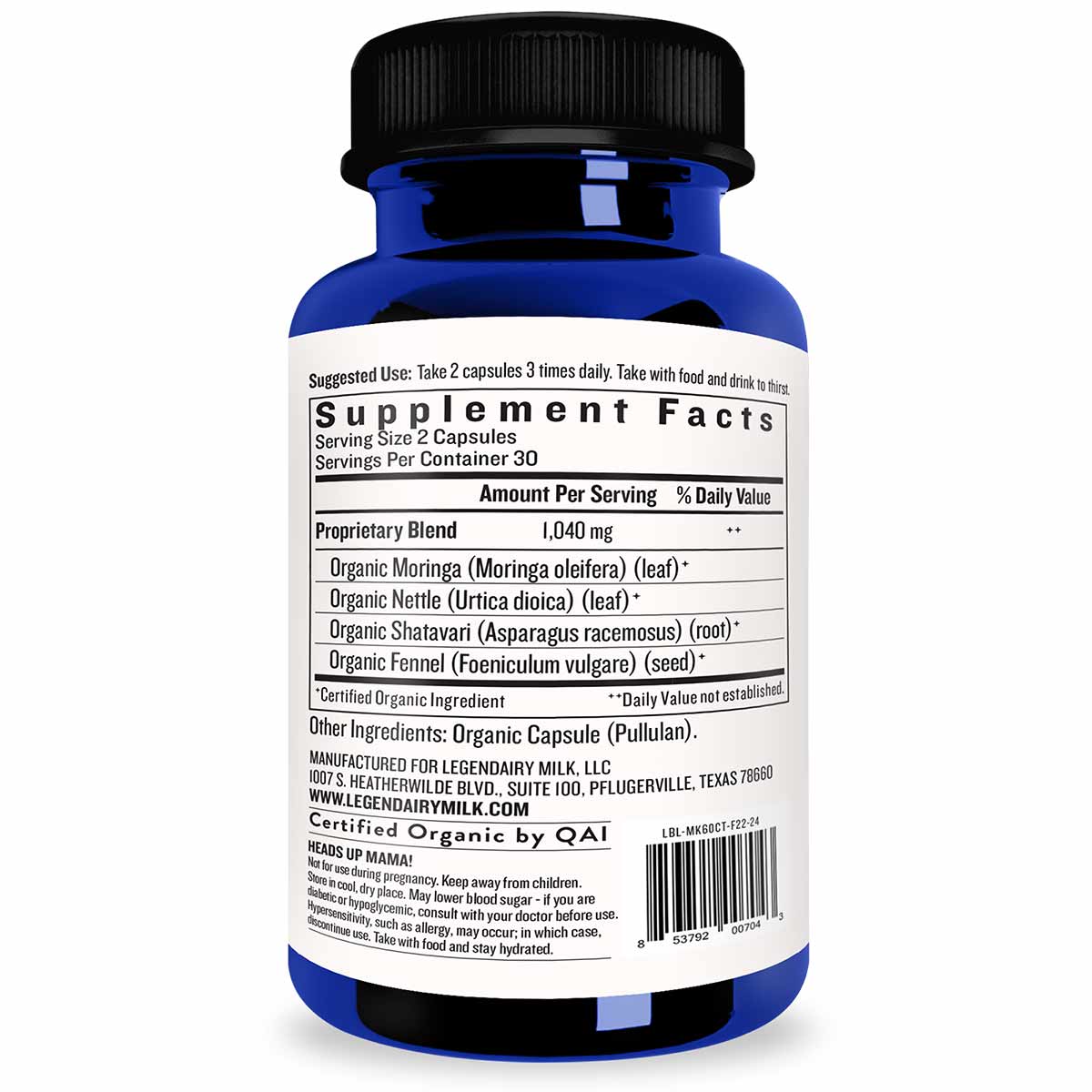 Blue supplement bottle with black cap and white label showing Supplement Facts for organic herbal capsules.