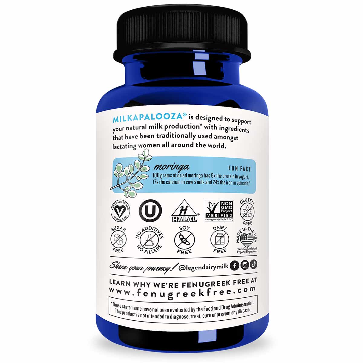 Blue bottle with black cap containing Milkapalooza lactation support supplement with product information and certification ic
