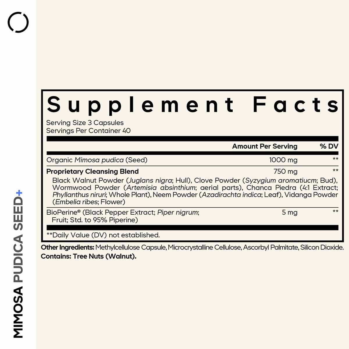 Supplement Facts label for Mimosa Pudica Seed+ capsules showing organic seed extract, cleansing blend, and BioPerine ingredie