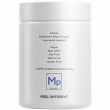 White cylindrical supplement bottle with black text listing ingredients and certifications including cloves, BioPerine Black 