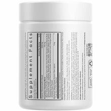 White supplement container with white cap and black label displaying ingredient information and supplement facts.