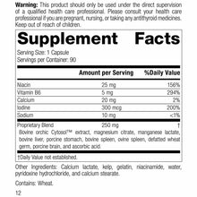 Min Chex supplement facts label showing 90 capsules per container with niacin, vitamin B6, calcium, iodine, and proprietary b