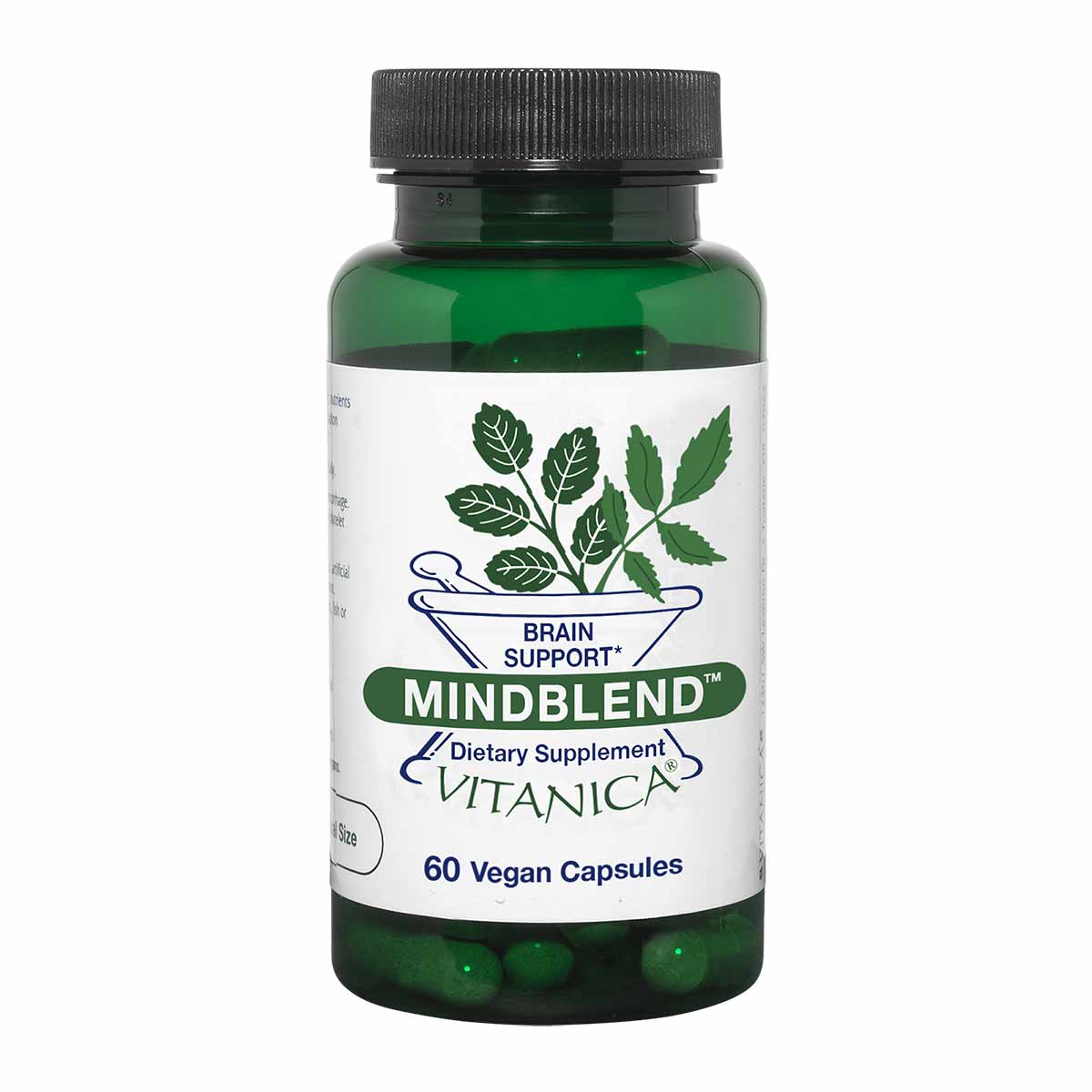A green glass bottle with a black cap and white label reading MindBlend Vitanica dietary supplement, 60 vegan capsules.