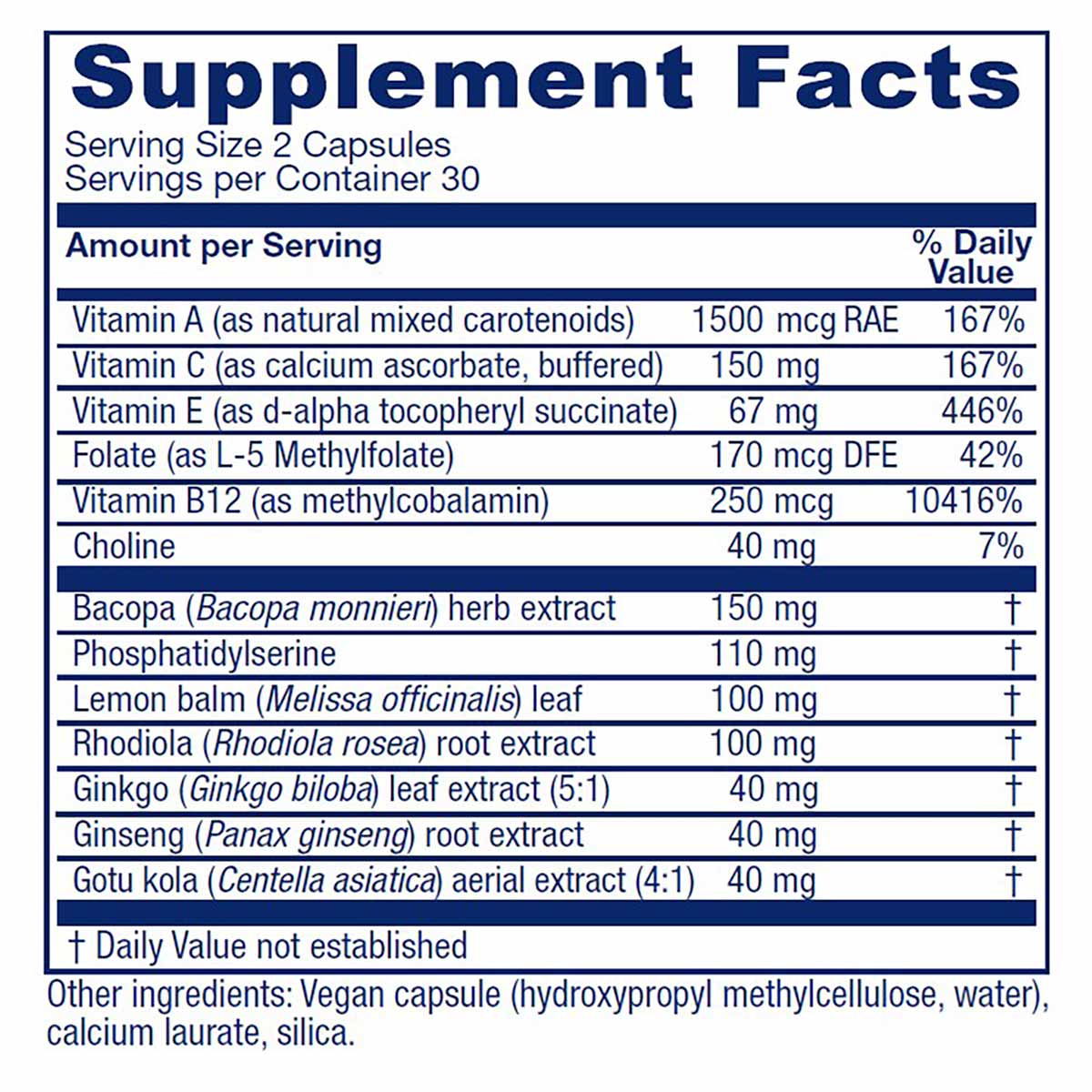 Supplement Facts panel listing vitamins, choline, and herbal extracts per two-capsule serving, with thirty servings per container and other ingredients noted below.