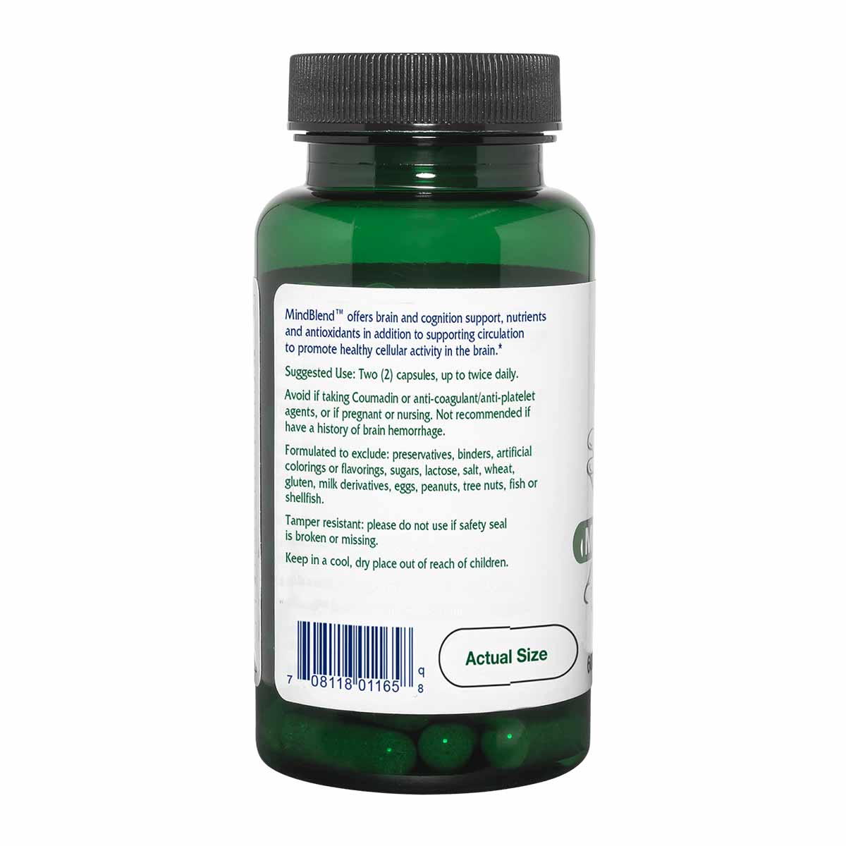 A green glass supplement bottle with a black cap shows a white label with usage directions, warnings, and a barcode.
