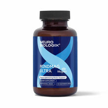 Dark amber glass bottle with black cap labeled "MindMag Ultra" by Neurobiologix, containing 90 vegetarian capsules.