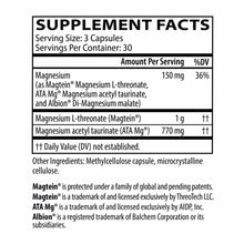 Supplement facts label showing magnesium content of 150mg per serving with 3 capsules per serving and 30 servings per contain