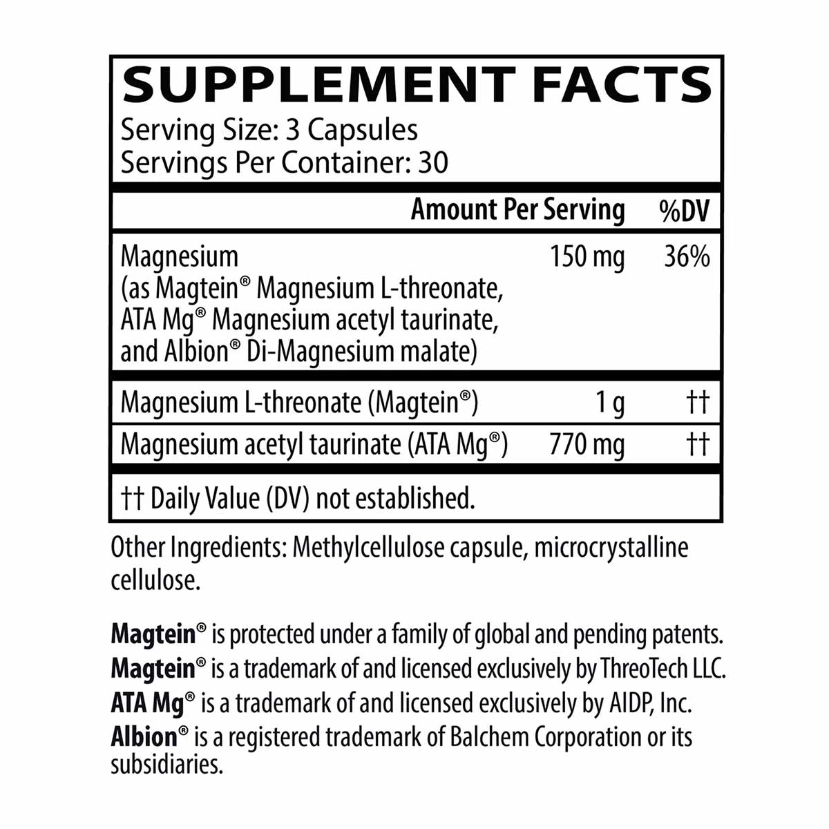 Supplement facts label showing magnesium content of 150mg per serving with 3 capsules per serving and 30 servings per contain