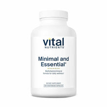 White bottle of Vital Nutrients Minimal and Essential multivitamin with white cap containing 180 vegetarian capsules.