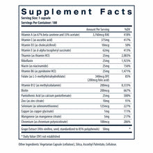 Supplement Facts label for Vital Nutrients multivitamin listing vitamins, minerals, and ingredients per serving.