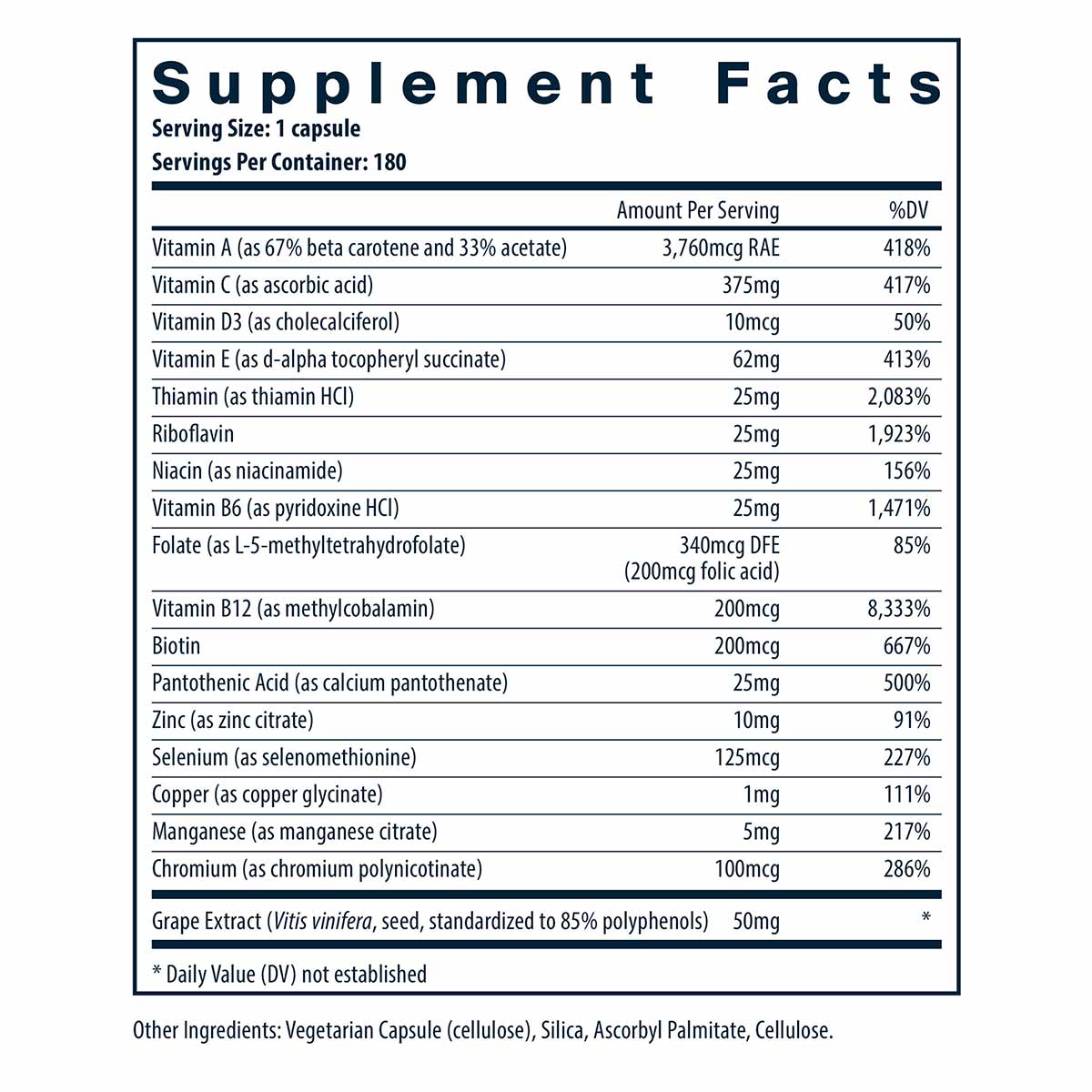 Supplement Facts label for Vital Nutrients multivitamin listing vitamins, minerals, and ingredients per serving.