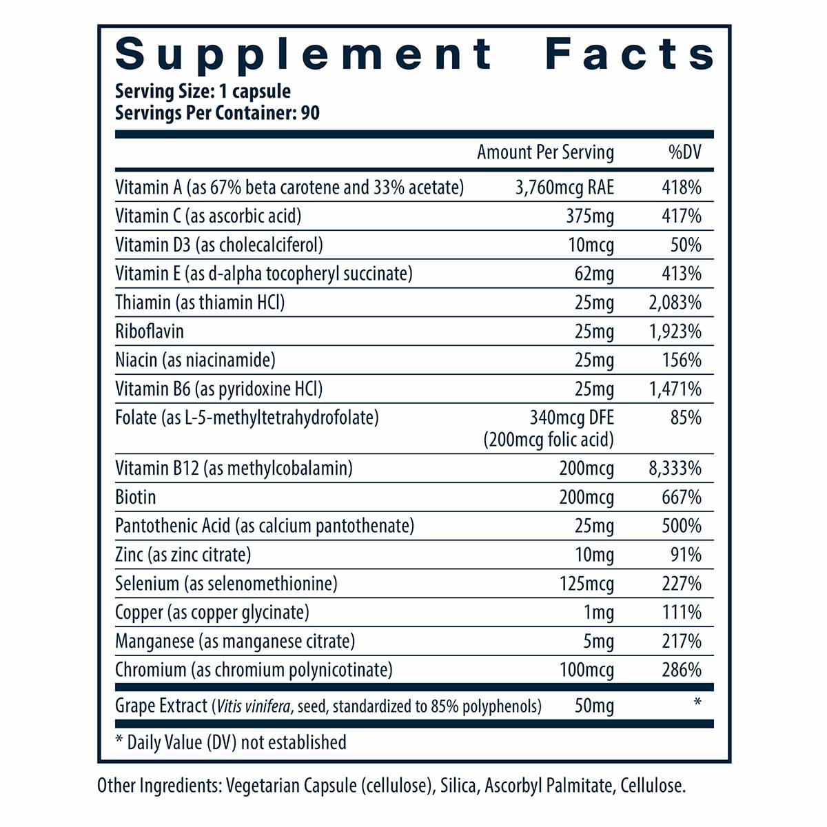 Supplement Facts label showing nutritional information for a multivitamin with vitamins A through E, B vitamins, minerals, an