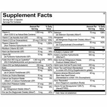 Supplement Facts label for Mitocore showing serving size of 4 capsules with vitamins, minerals, and botanical ingredients lis