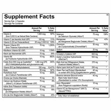 Supplement Facts label for Mitocore showing serving size of 4 capsules with vitamins, minerals, and botanical ingredients.