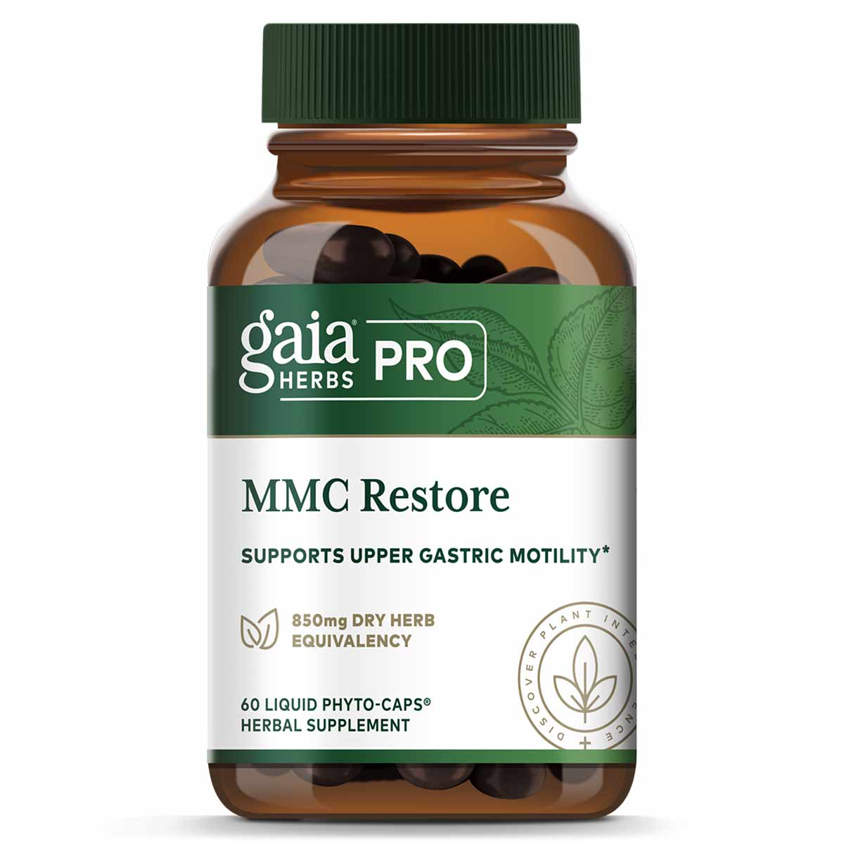 Gaia Herbs Pro MMC Restore bottle with green cap containing 60 dark liquid phyto-capsules.