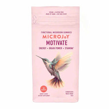Pink pouch of MicroJoy Motivate functional mushroom gummies with hummingbird illustration and berry flavor labeling.