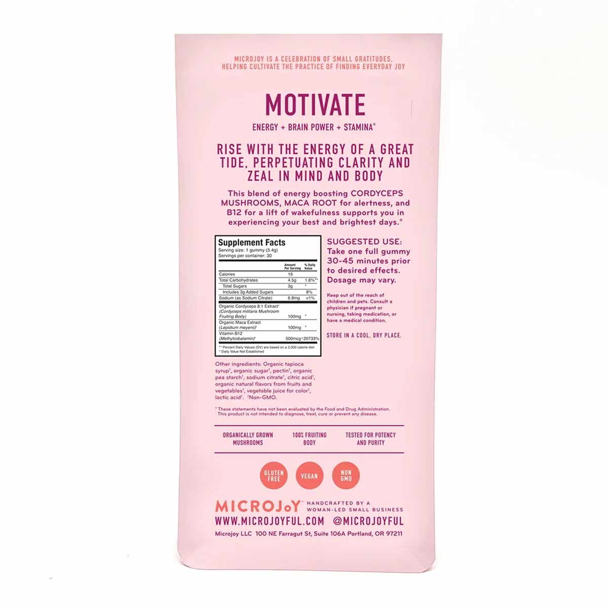 Pink MicroJoy Motivate Gummies package with product information, supplement facts, and ingredient details on front.