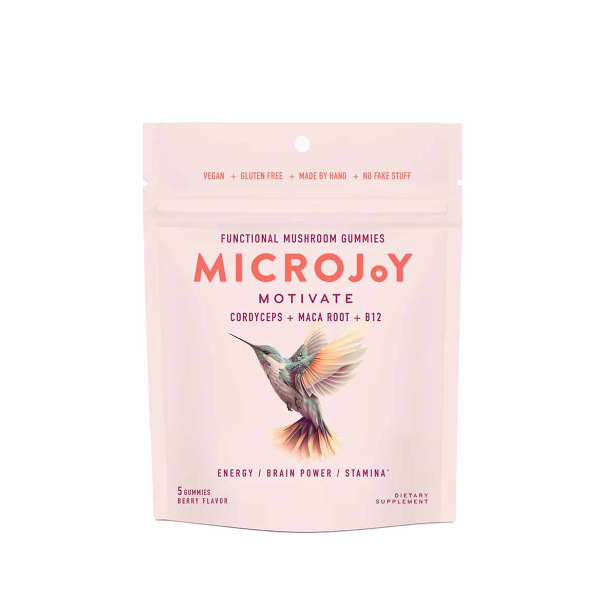 Pink resealable pouch of MicroJoy Motivate functional mushroom gummies with hummingbird illustration and berry flavor label.