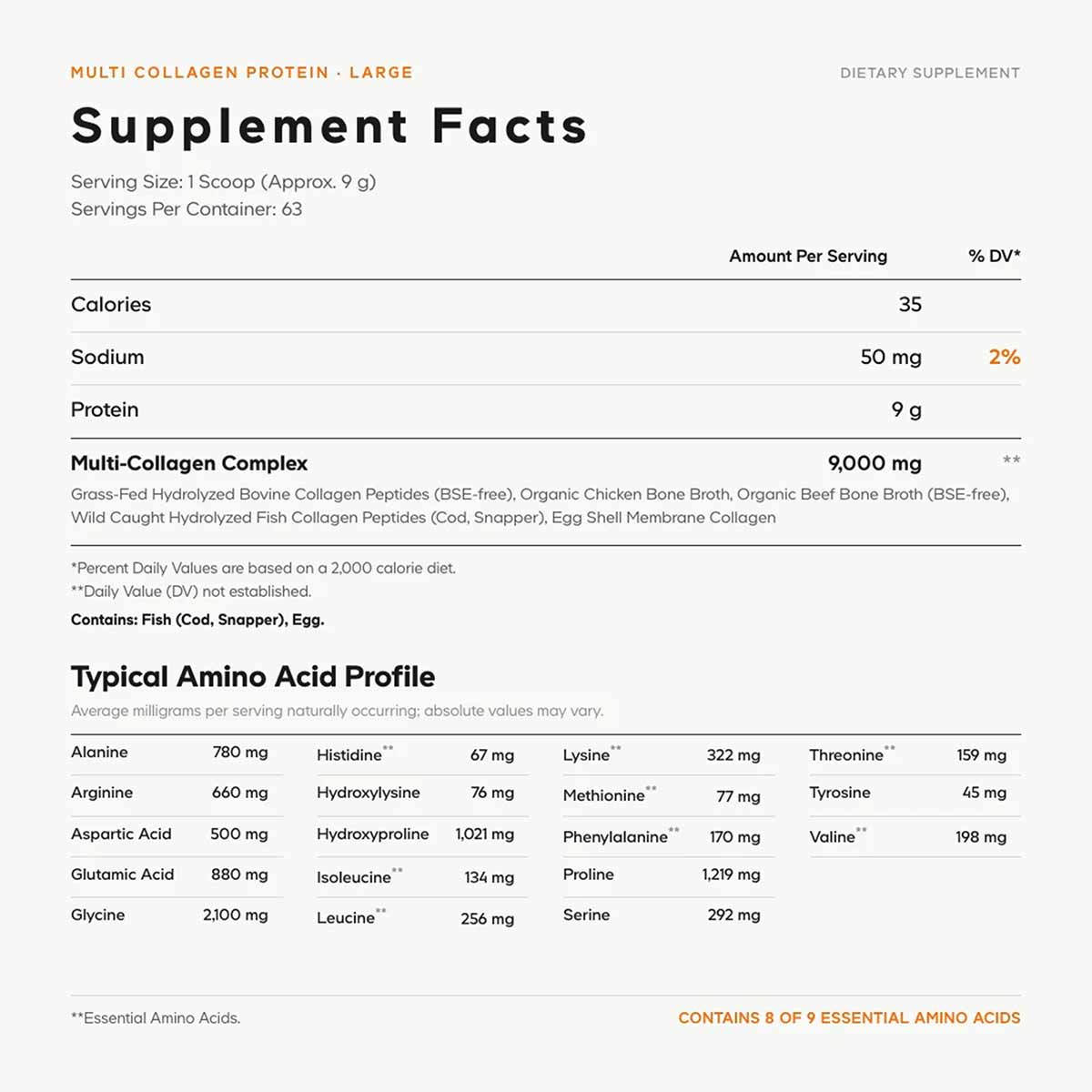 Supplement Facts label for Multi Collagen Protein showing nutrition information, serving size, and amino acid profile.