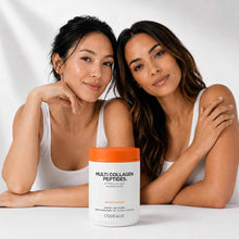 White container with orange lid labeled "Multi Collagen Peptides" by Codeage, surrounded by two women in white tank tops.