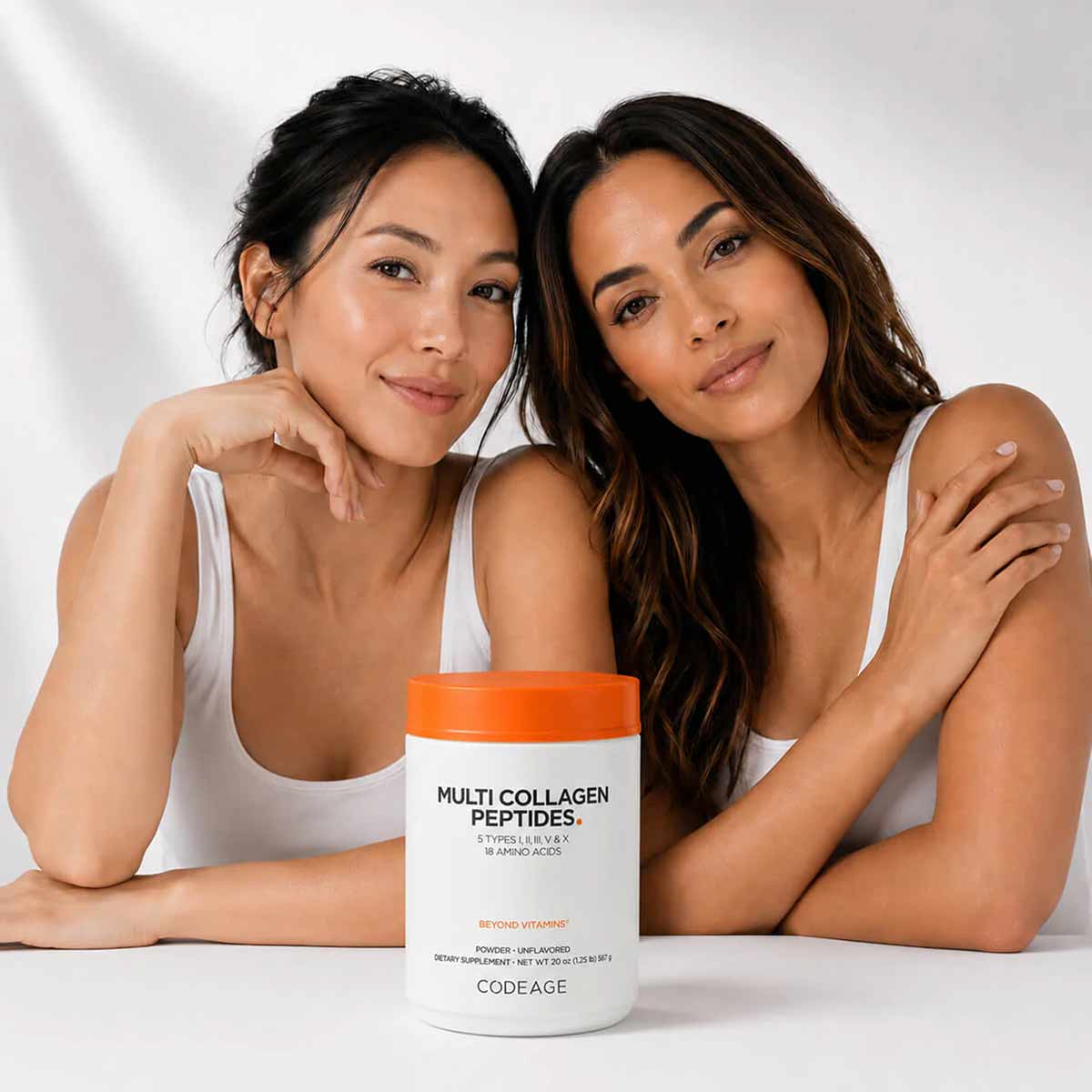 White container with orange lid labeled "Multi Collagen Peptides" by Codeage, surrounded by two women in white tank tops.
