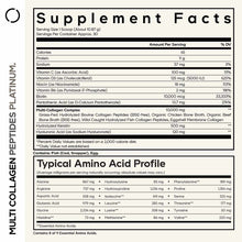 Supplement Facts label for Multi Collagen Peptides Platinum showing nutritional information, ingredients, and amino acid prof
