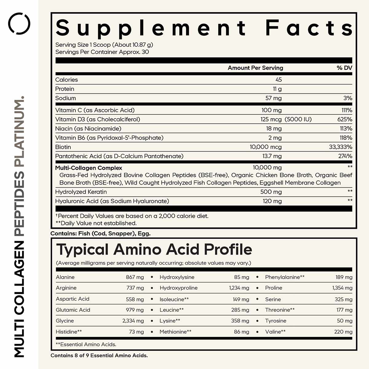 Supplement Facts label for Multi Collagen Peptides Platinum showing nutritional information, ingredients, and amino acid prof