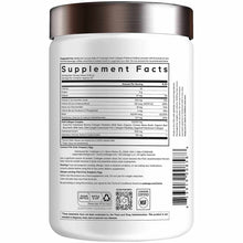 White container with metallic silver lid containing collagen peptide powder and supplement facts label.