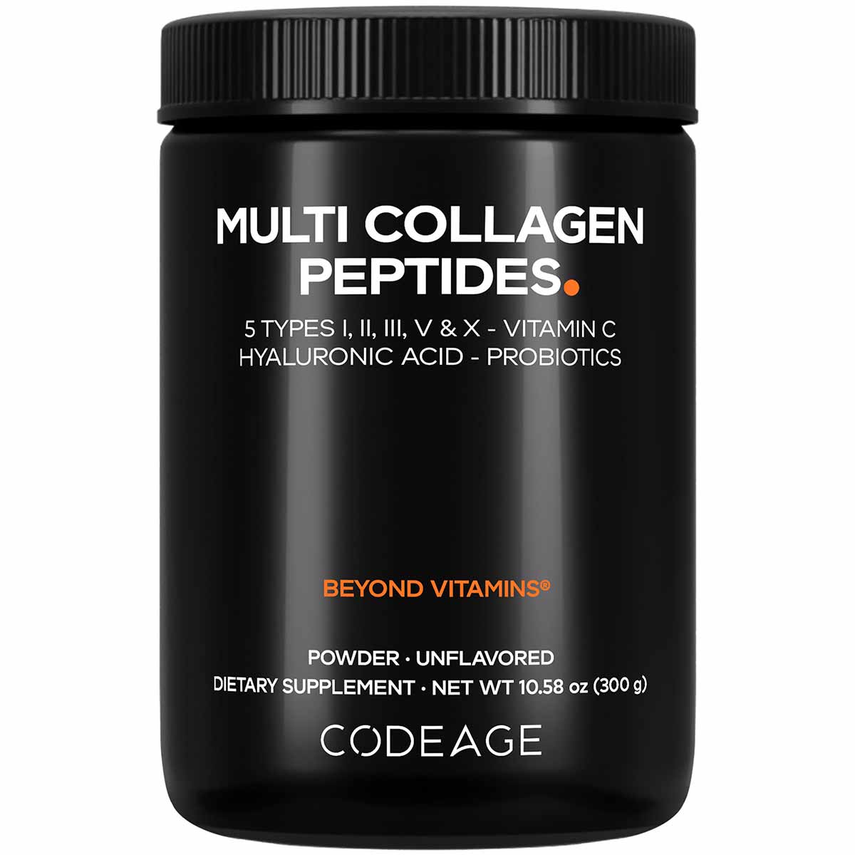 Black container of Codeage Multi Collagen Peptides powder with black screw-top lid, labeled with white text listing 5 types o
