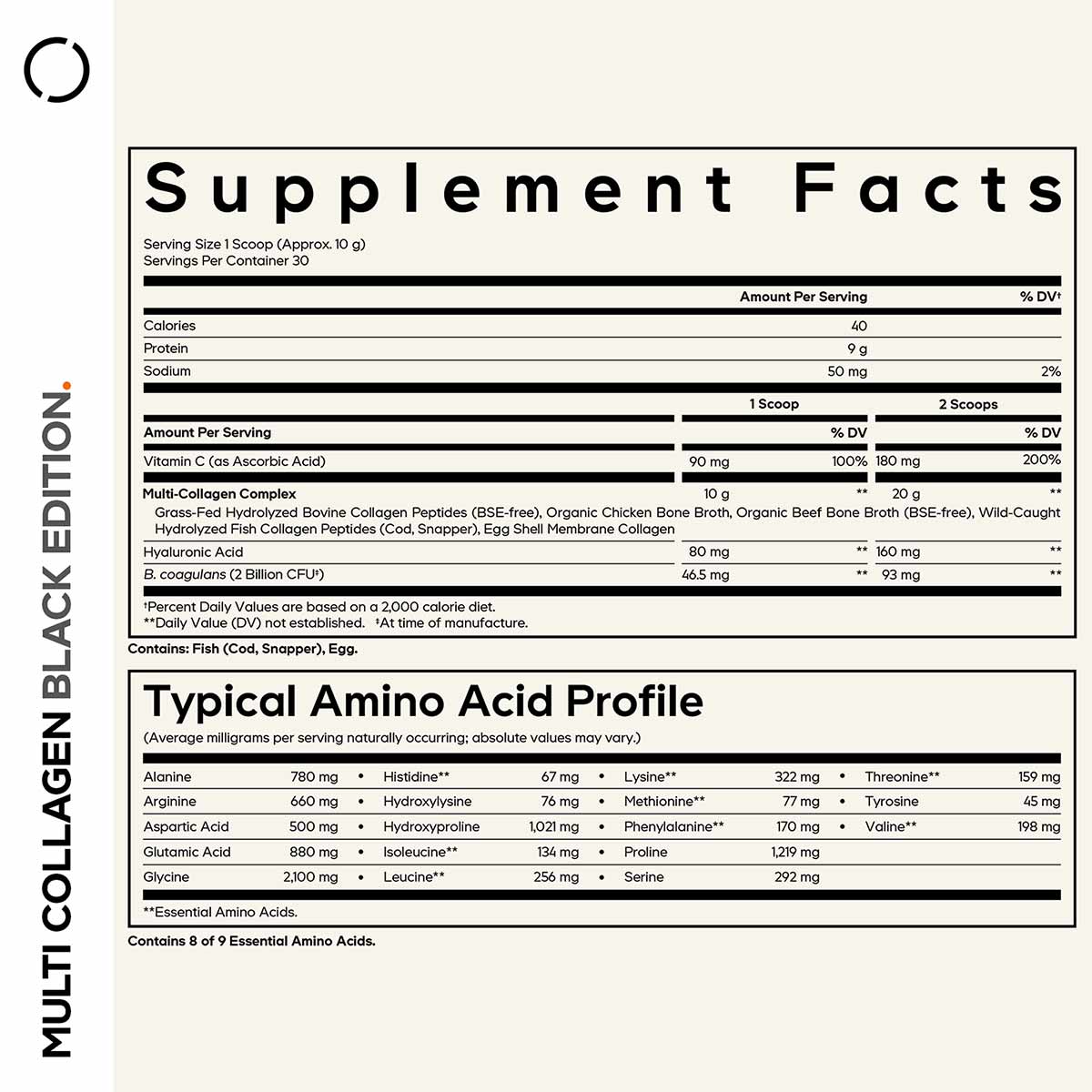 Supplement Facts label showing multi collagen peptides, probiotics, vitamin C, hyaluronic acid, and amino acid profile.
