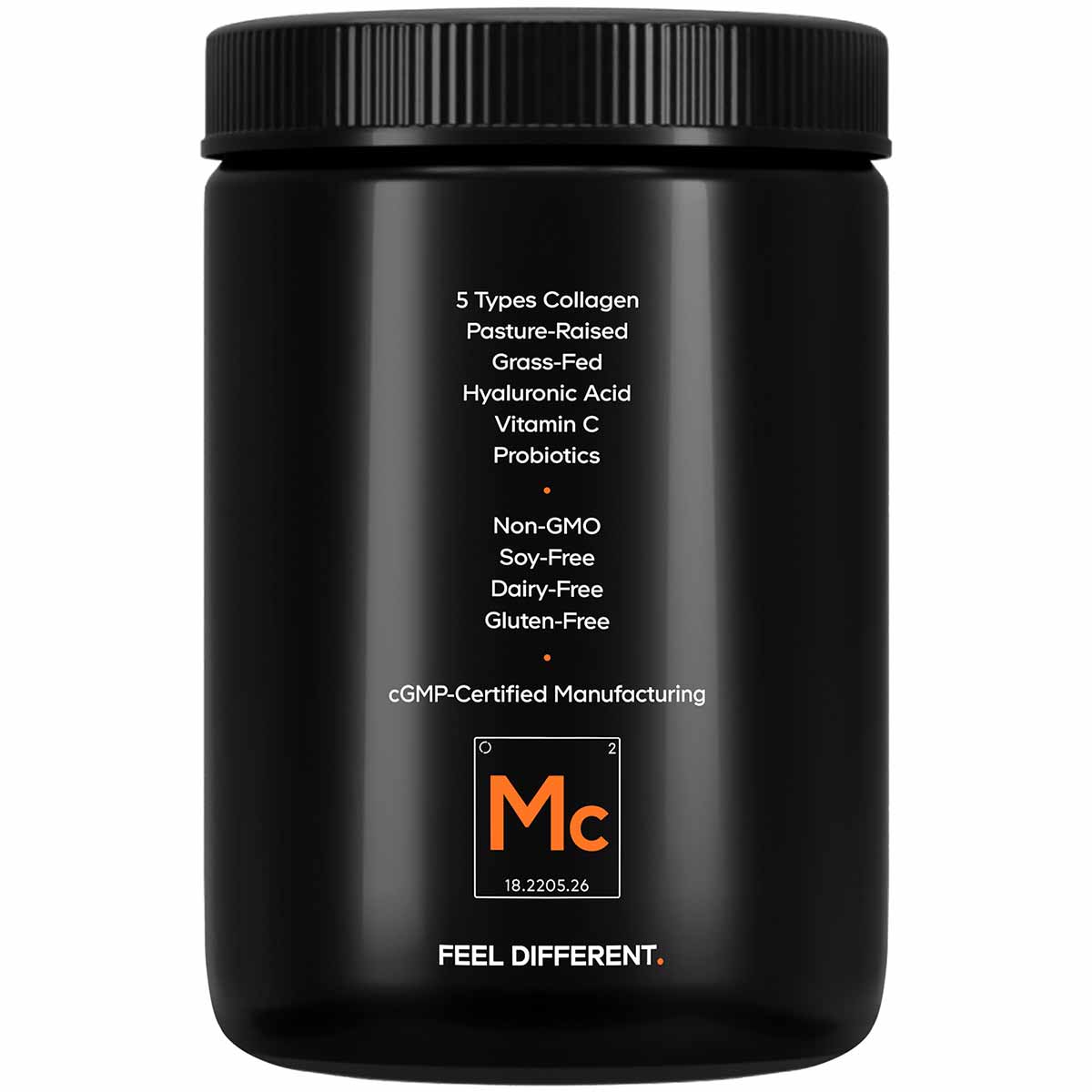 Black jar with black ridged cap containing Codeage Multi Collagen Peptides + Probiotics supplement with white text listing in