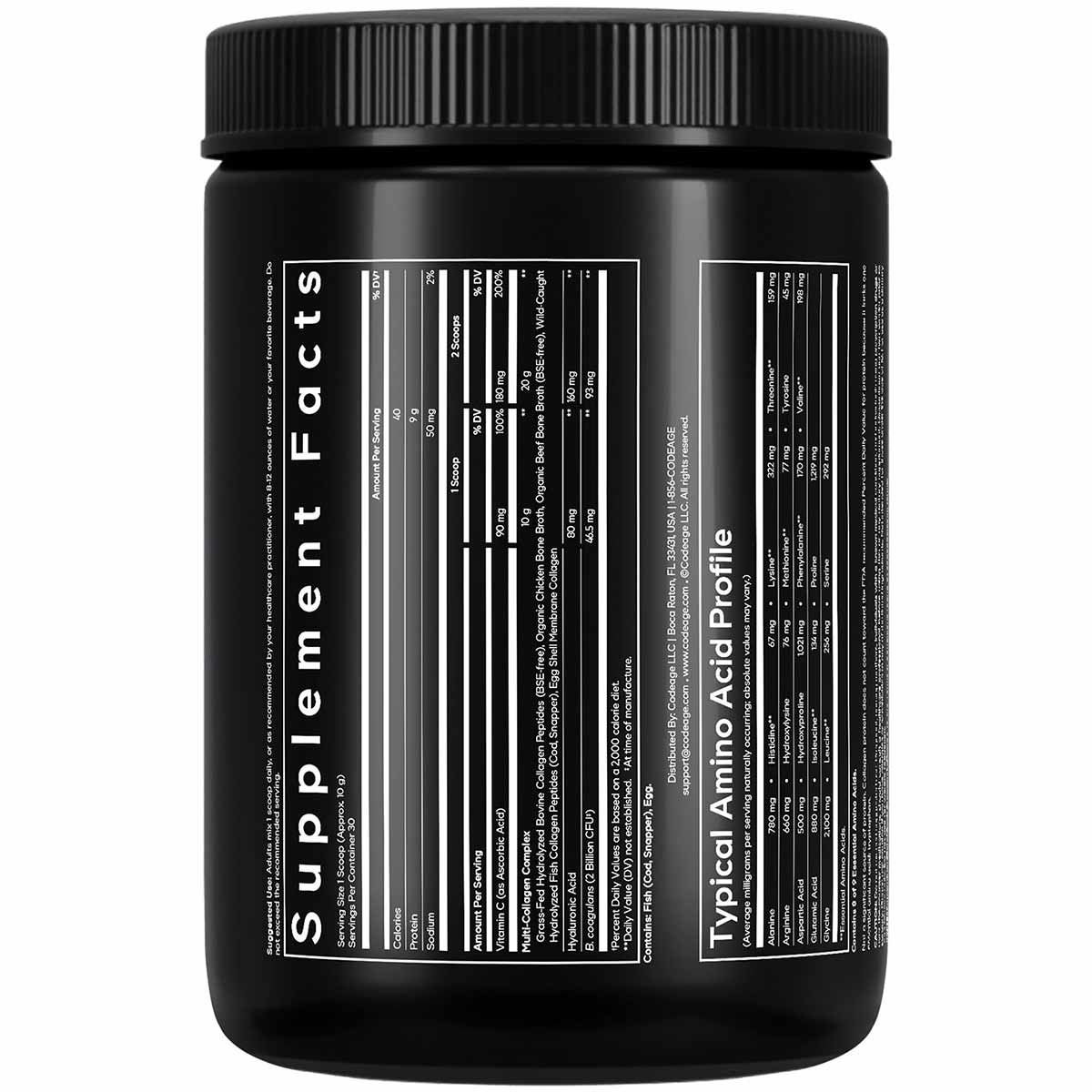 Black cylindrical supplement container with black screw-top lid and white label text showing supplement facts and ingredients