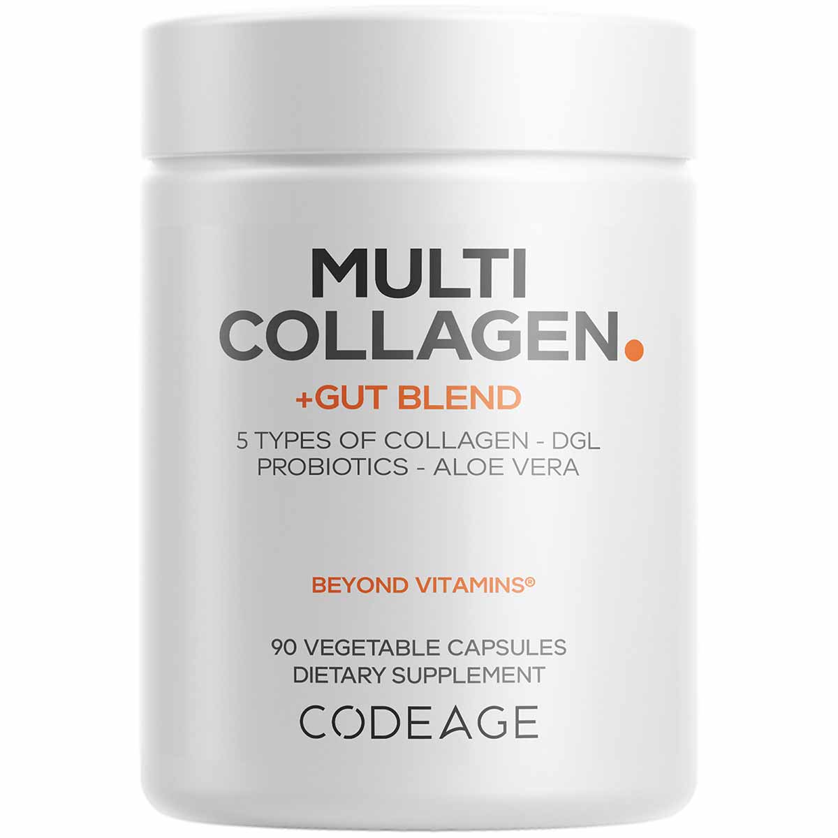 White bottle of Codeage Multi Collagen + Gut Blend containing 90 vegetable capsules with black and orange text.