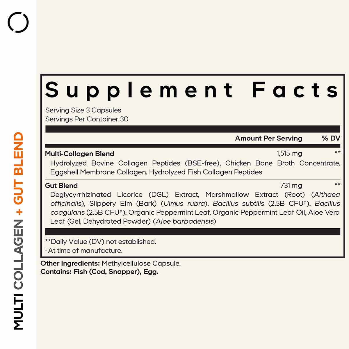 Supplement Facts label showing Multi Collagen Blend and Gut Blend ingredients with serving size of 3 capsules.