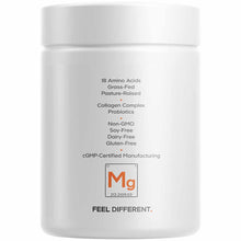 White supplement jar with white lid displaying text about collagen complex, probiotics, amino acids, and ingredient certifica