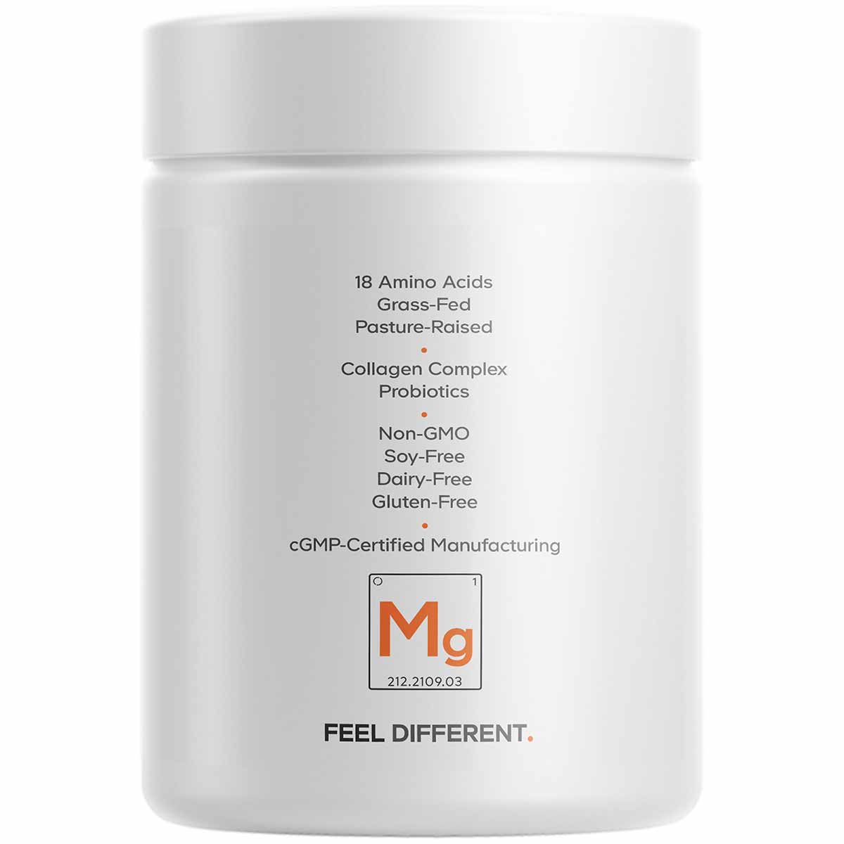 White supplement jar with white lid displaying text about collagen complex, probiotics, amino acids, and ingredient certifica