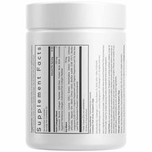 White plastic jar with white lid containing Multi Collagen + Gut Blend powder with black supplement facts label on front.