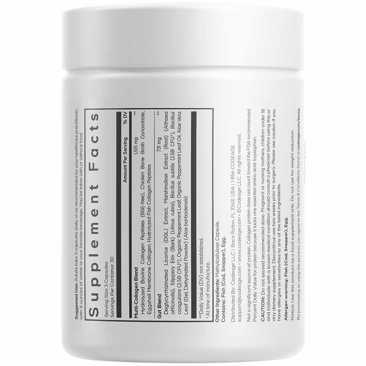 White plastic jar with white lid containing Multi Collagen + Gut Blend powder with black supplement facts label on front.