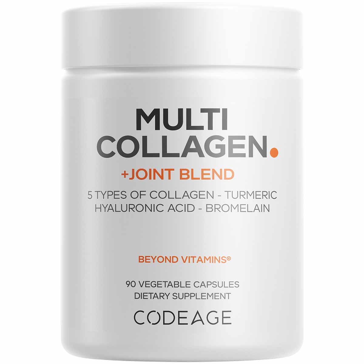 White supplement bottle labeled "Multi Collagen + Joint Blend" by Codeage containing 90 vegetable capsules.