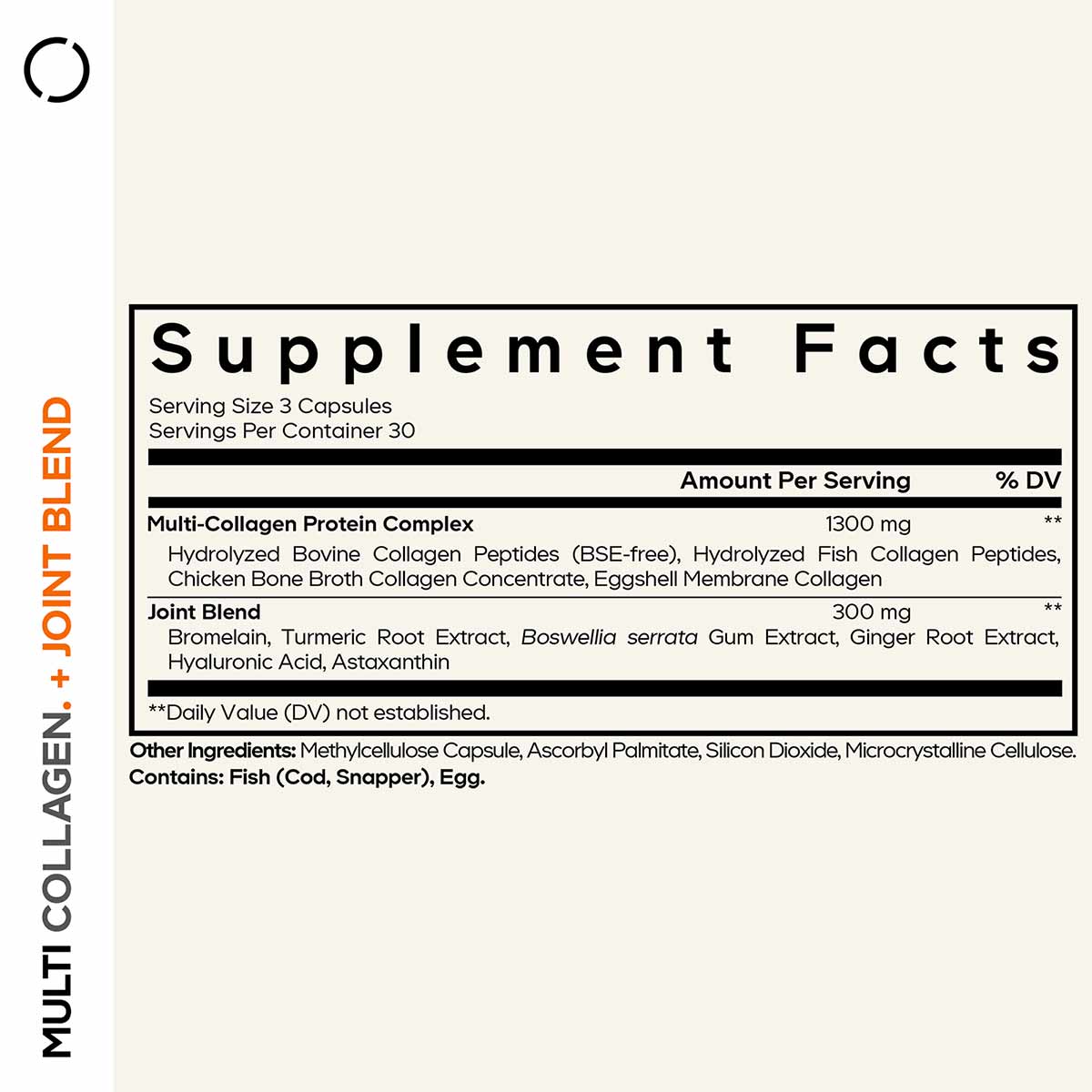 Supplement Facts label showing Multi Collagen Protein Complex and Joint Blend ingredients with serving size of 3 capsules.