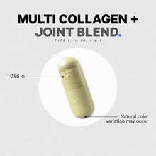 Pale yellow capsule supplement measuring 0.86 inches, labeled Multi Collagen + Joint Blend.