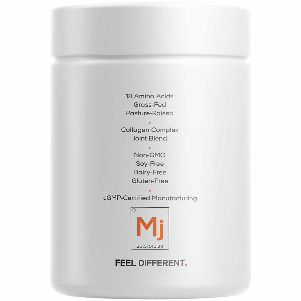 White supplement jar with label listing 18 amino acids, grass-fed collagen complex, joint blend, and allergen information.