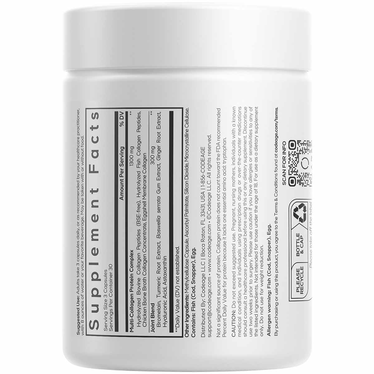 White supplement container with black label displaying ingredient information and Codeage branding.
